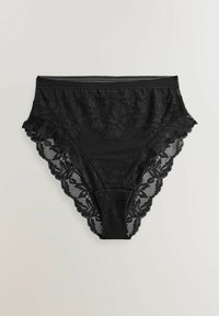 Zwarte kant hipster onderbroeke met een mesh inzetstuk, voorzien van een bloemenkant rand langs de randen en een gladde tailleband voor comfort.