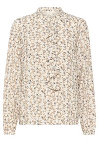 Kremowa bluzka z kwiatowym wzorem w odcieniach brązu i niebieskiego, z falbaną z przodu, długimi rękawami oraz wysokim kołnierzem.