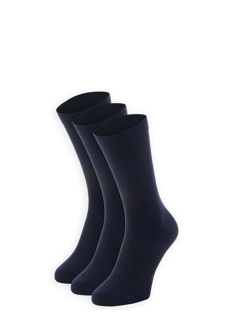 Drei Paar marineblaue Baumwollsocken mit glatter Textur und gerippten Bündchen. Jede Socke hat eine verstärkte Zehenpartie und ein klassisches, knöchelhohes Design.