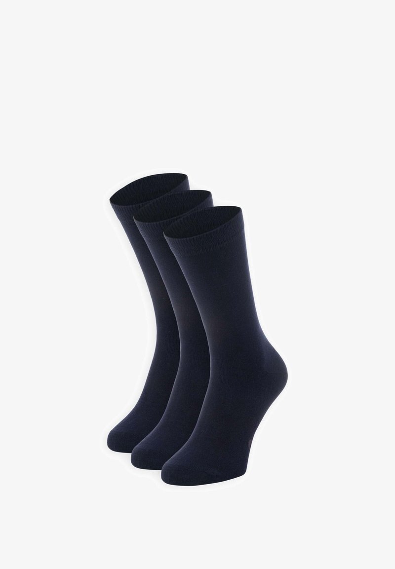 Drei Paar marineblaue Baumwollsocken mit glatter Textur und gerippten Bündchen. Jede Socke hat eine verstärkte Zehenpartie und ein klassisches, knöchelhohes Design.
