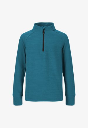 Teal lange mouwen pullover met een kwart ritssluiting en hoge kraag, gemaakt van een gladde, textuurstof en met aansluitende manchetten.