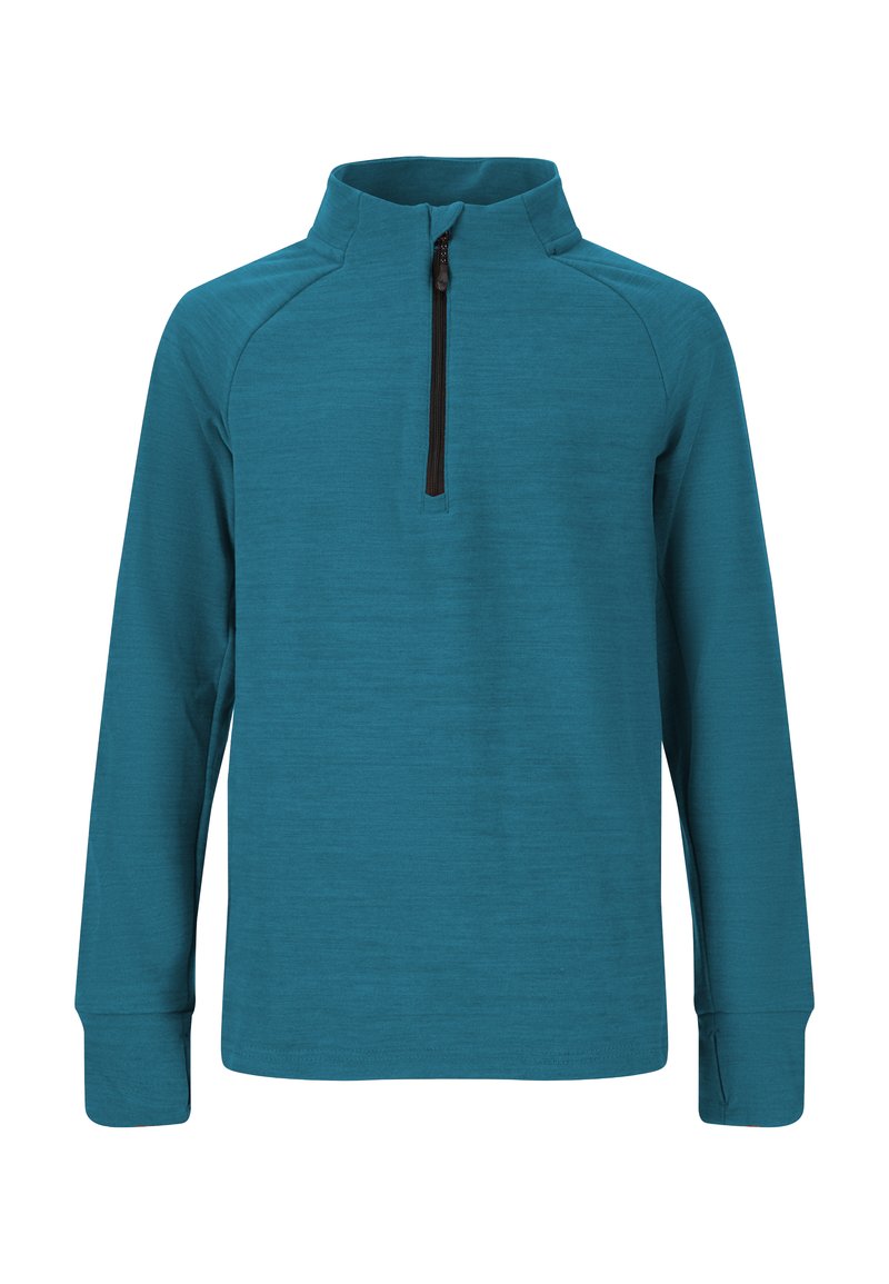 Teal långärmad tröja med kvart dragkedja och hög krage, med en slät, texturerad tyg och åtsittande manschetter.