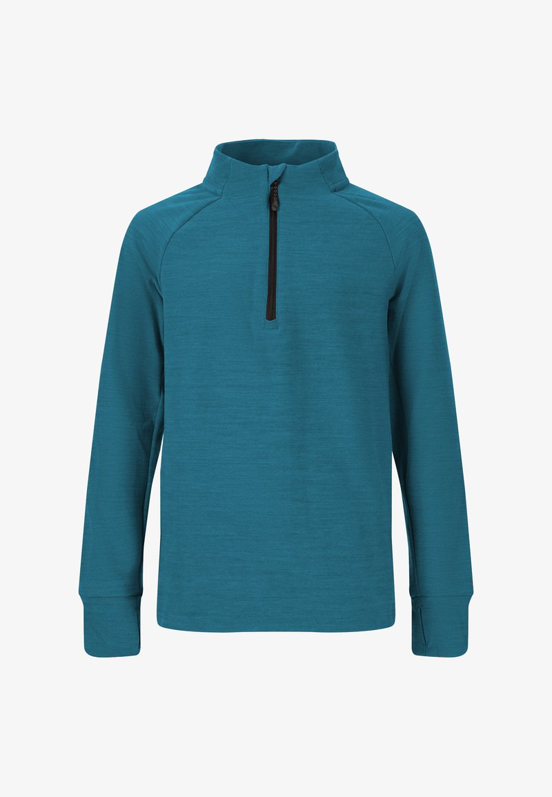 Pull à manches longues teal avec une fermeture éclair quart et un col haut, présentant un tissu lisse et texturé ainsi que des poignets ajustés.