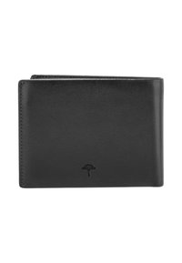 Sort læderpung, bi-fold design, glat tekstur, med prægede logodetaljer i midten. Enkel og moderne konstruktion.