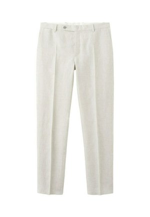 Jasnobeżowe, dopasowane spodnie z szlufkami na pasek, z przodu na guzik, z zamkiem błyskawicznym i kieszeniami bocznymi, ułożone płasko na białym tle.