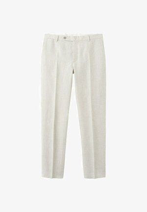 Pantaloni bej deschis croiți, cu bucle pentru curea, nasture frontal, fermoar și buzunare laterale, așezați pe o suprafață albă.