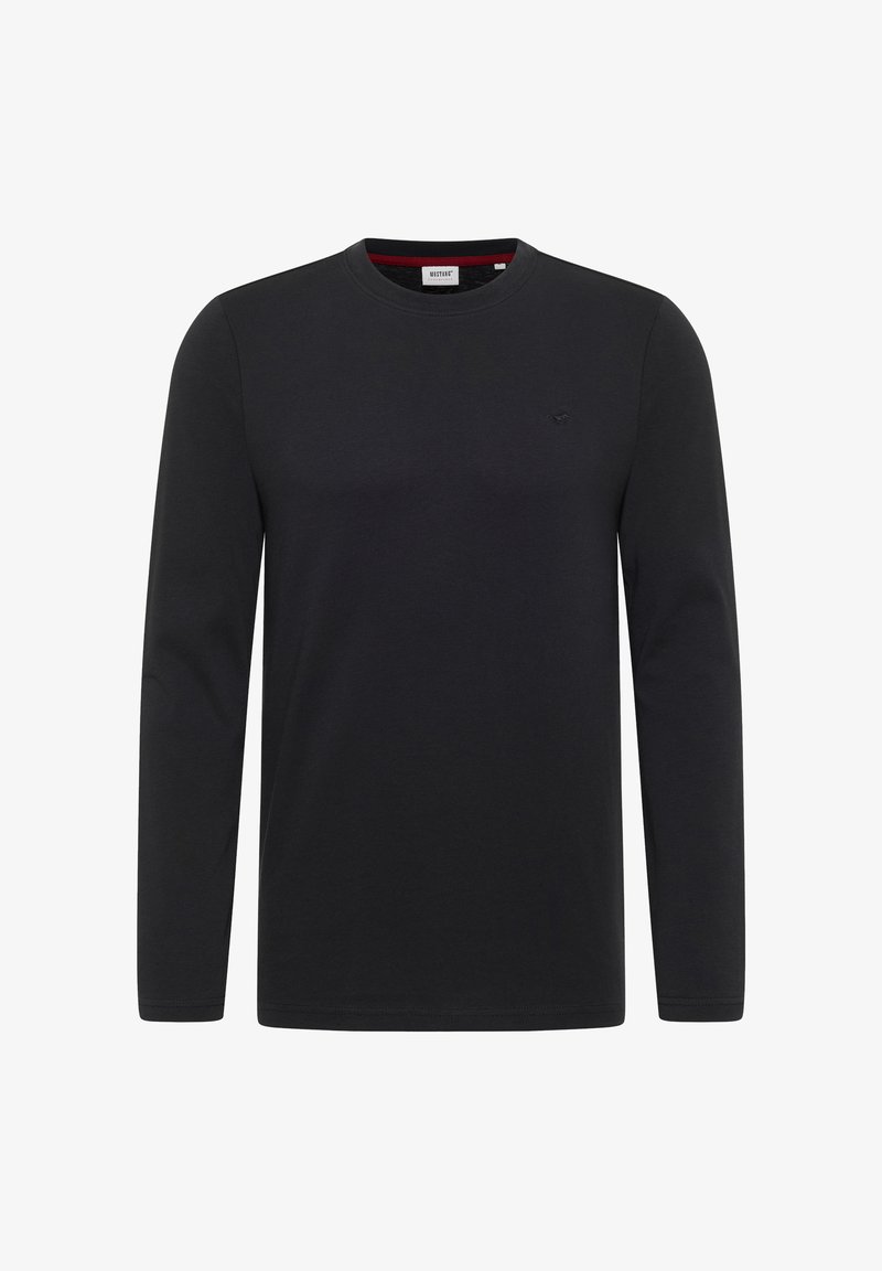 Czarna, długosleeveowa koszulka typu crew neck z mieszanki bawełny, z małym logo na lewej piersi oraz czerwonym akcentem na dekolcie.