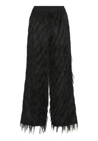 Czarne spodnie o szerokich nogawkach z fakturowanym wykończeniem z frędzlami, wyposażone w wysoką, elastyczną talię i diagonalny wzór na tkaninie.