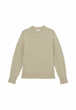 Beežist kootud sviiter, millel on ümar kaelus, soonikserv ja mansetid. Veidi tekstuuriga kangas, millel on õmblustega detailid varrukatel.