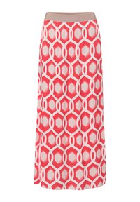 Jupe maxi présentant un motif géométrique avec des formes hexagonales dans des tons de rouge et de rose, accompagnée d'une taille beige unie. Texture de tissu lisse.