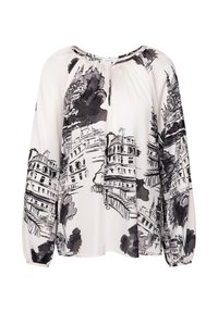 Blusa a maniche lunghe in leggero tessuto bianco con stampa di paesaggio urbano nero; presenta un collo rotondo e dettagli arricciati sulle spalle.