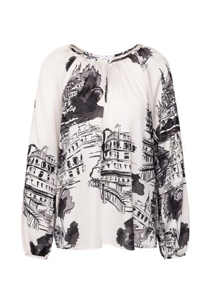 Lange mouw blouse van lichtgewicht witte stof met zwart stedelijk landschap print; heeft een ronde halslijn en geplooide details op de schouders.