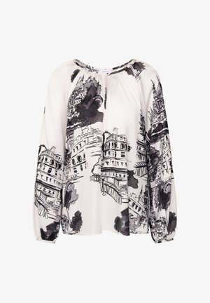 Lange mouw blouse van lichtgewicht witte stof met zwart stedelijk landschap print; heeft een ronde halslijn en geplooide details op de schouders.