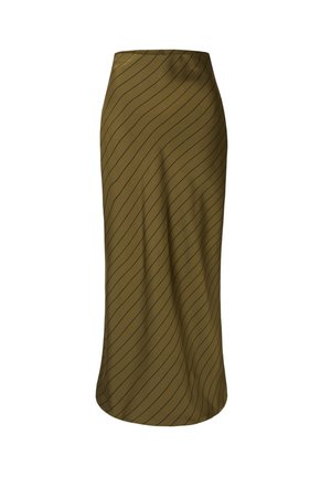 Olivgrüner Midirock aus glattem Stoff mit einem welligen schwarzen Streifenmuster, der eine taillierte Taille und einen fließenden Saum hat.