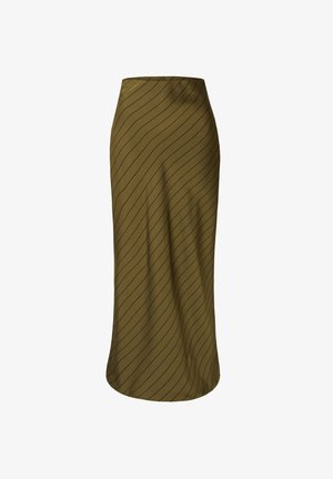 Olivgrüner Midirock aus glattem Stoff mit einem welligen schwarzen Streifenmuster, der eine taillierte Taille und einen fließenden Saum hat.