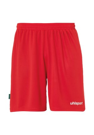 Rode sportshorts van lichtgewicht stof, met een elastische tailleband en het logo "uhlsport" in het wit op de rechteronderzijde.