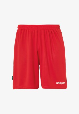 Røde sportsshorts lavet af letvægtsstof, med en elastisk talje og logoet "uhlsport" i hvidt nederst til højre.