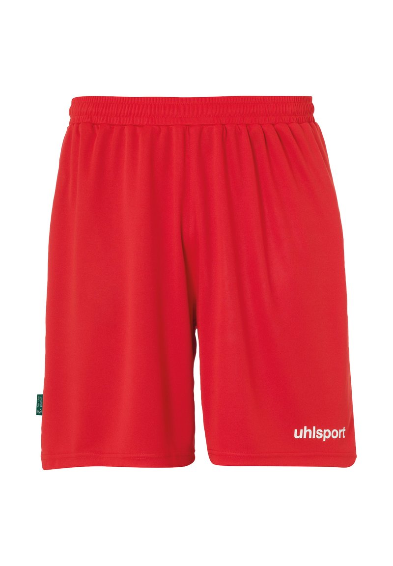 Rode sportshorts van lichtgewicht stof, met een elastische tailleband en het logo "uhlsport" in het wit op de rechteronderzijde.