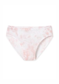 Pink and white tie-dye bikini bottom, featuring a smooth fabric texture and mid-rise design with a comfortable waistband.