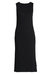 Czarna sukienka bez rękawów wykonana z elastycznego materiału; posiada okrągły dekolt i dopasowaną sylwetkę do podłogi.