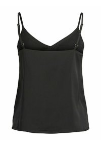 Camisola preta com um design de decote em V, alças finas ajustáveis e uma textura de tecido suave. Apresenta um ajuste relaxado e uma silhueta aerodinâmica.