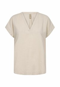 Beige Leinenoberteil mit V-Ausschnitt, kurzen Ärmeln und lockerer Passform. Glatte Textur und schlichtes Design ohne sichtbare Muster oder Verzierungen.