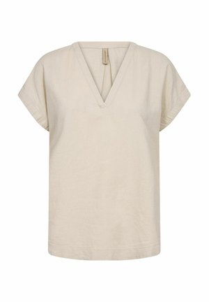 Beige linen top with a V-neck, short sleeves, and a relaxed fit. Smooth texture and simple design with no visible patterns or embellishments.