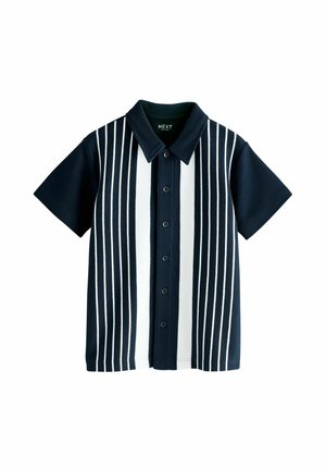 Kurzärmeliges Hemd mit durchgehender Knopfleiste, marineblauem Hintergrund, weißen vertikalen Streifen und klassischem Kragen. Glatte Stofftextur.