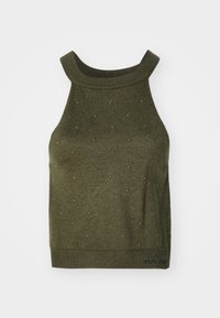 Canotta in maglina verde oliva con collo alto, caratterizzata da piccole borchie metalliche in un motivo a pois e dettaglio del fondo brandizzato.