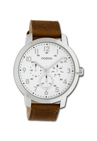 White dial watch with silver stainless steel case, brown leather strap, large numbers, and small sub-dial for day and date.