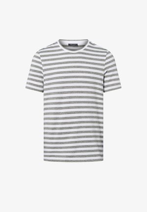 Gray and white striped short-sleeve t-shirt made of cotton, featuring a round neckline and a relaxed fit. No visible logos or patterns.