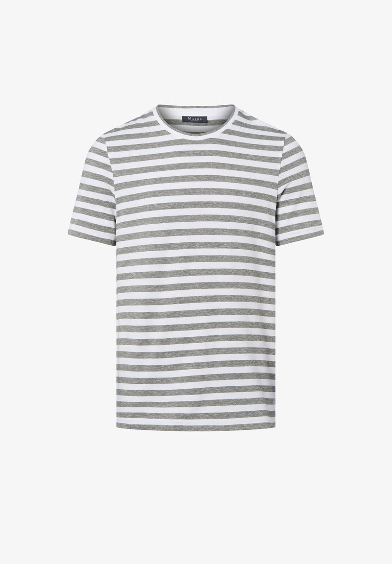 Grau-weißer gestreifter Kurzarm-T-Shirt aus Baumwolle, mit rundem Ausschnitt und einem lässigen Schnitt. Keine sichtbaren Logos oder Muster.