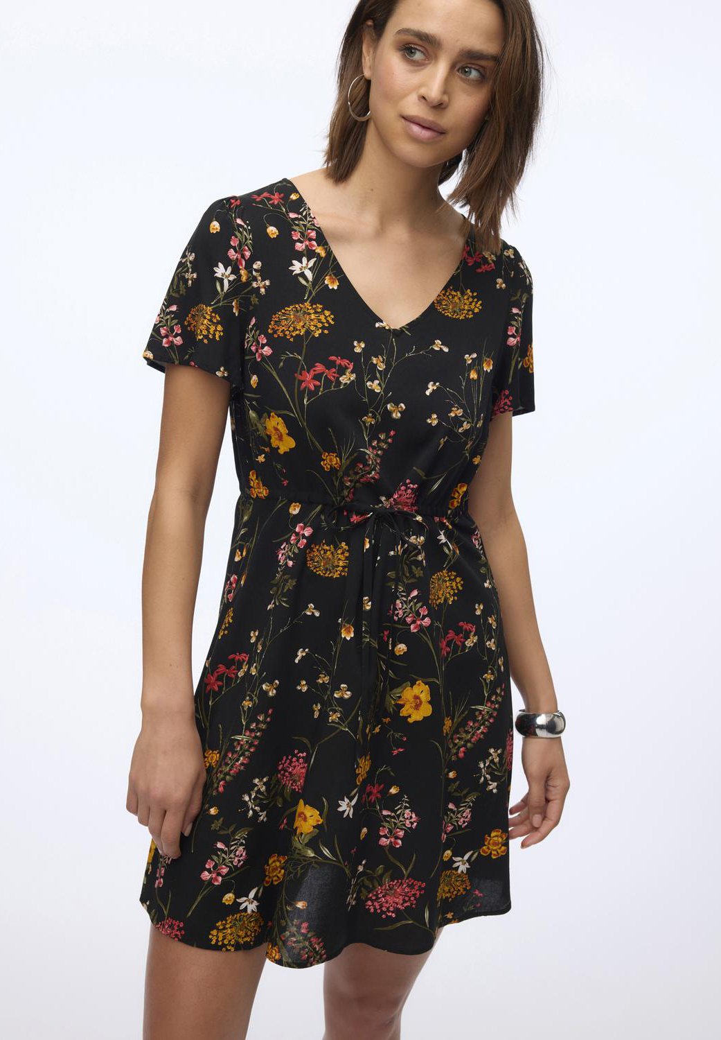 what shoes to wear with a long black dress Sara Floral Lace Trim Dress main image 1