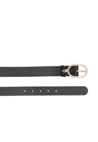 Schwarzer Leder Gürtel mit texturierter Oberfläche, ausgestattet mit einer goldenen ovalen Schnalle und Löchern zur Anpassung. Elegantes und minimalistisches Design.