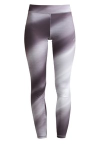 Legginsy wykonane z elastycznego materiału mają gradient od ciemnego fioletu do jasnoszarego. Gładka tekstura z płaskimi szwami, bez widocznych elementów hardware.