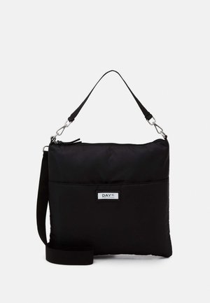 Black rectangular shoulder bag with detachable strap, zippered top, and small front label reading "DAY ET".