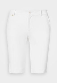 Vita knälånga skräddarsydda shorts med bältesömmar, knappstängning fram och diskreta sidfickor.