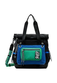 Black fabric backpack with green and blue accents, multiple zippered pockets, textured handles, and patterned shoulder strap.