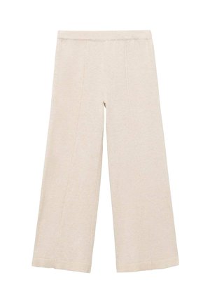 Pantaloni beige a gamba larga realizzati in tessuto morbido. Presentano una vita elasticizzata e cuciture accurate, con un design pulito e semplice.