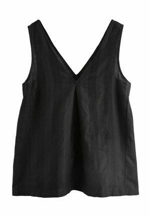 Haut noir sans manches avec un décolleté en V profond et des rayures verticales texturées, coupe ample et tissu léger.