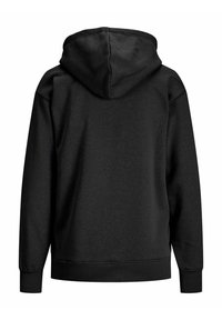 Czarna bluza z długim rękawem i kapturem, z prążkowanymi mankietami i dołem, pokazana od tyłu na białym tle.