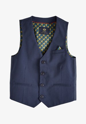 Gilet bleu marine pour homme avec quatre boutons, deux poches avant, doublure intérieure à motif et un mouchoir assorti dans la poche poitrine.