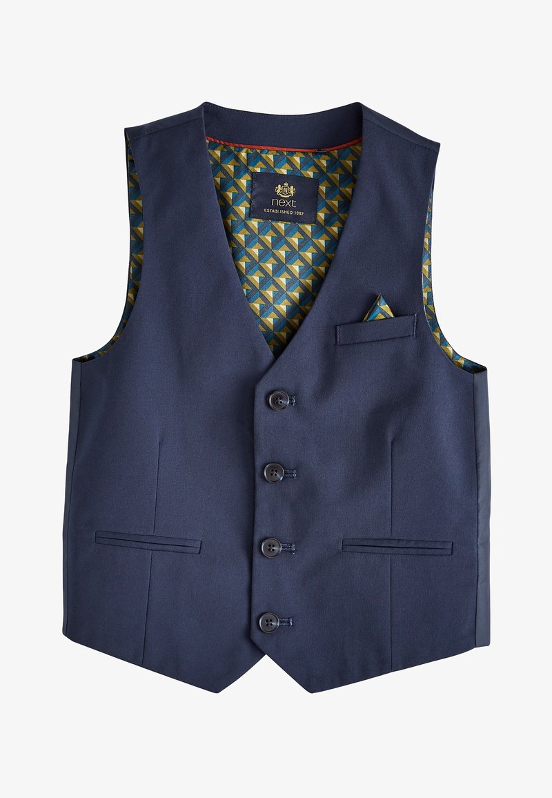 Navy blue men's waistcoat with four buttons, two front pockets, patterned inner lining, and a matching pocket square in the breast pocket.