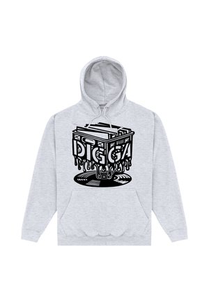 Lichtgrijze hoodie met zwarte afbeelding van een smeltende krat die vinylplaten vasthoudt en het woord "DIGGA" boven een vinylplaat onderaan.