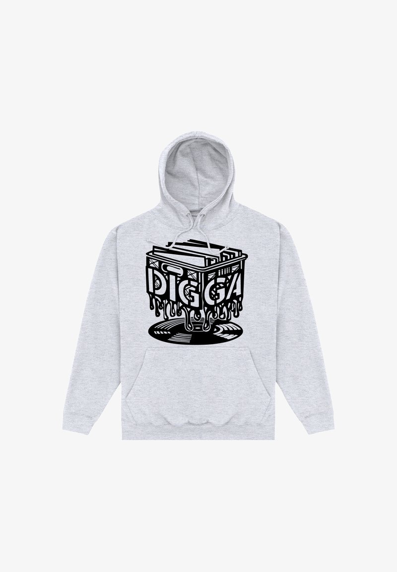 Sweat à capuche gris clair avec un graphisme noir d'une caisse fondante tenant des disques vinyles et le mot « DIGGA » au-dessus d'un disque vinyle en bas.