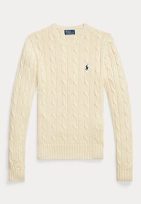 Maglione a maniche lunghe color crema con lavorazione a trecce, scollo rotondo e piccolo logo Polo Ralph Lauren blu navy sul lato sinistro del petto.