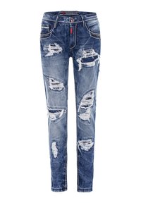 Dunkelblaue Jeans mit abgewetztem Effekt, Rissen, fünf Taschen und dekorativen Nähten. Mit einem Knopfverschluss und einem gebrandeten Bund.