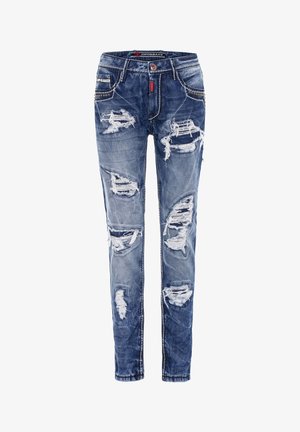 Denim jeans in faded blue with ripped detail, five pockets, and decorative stitching. Features a button closure and a branded waistband.