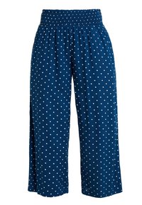 Granatowe spodnie w szerokim kroju z elastyczną talią, ozdobione białymi kropkami i bocznymi rozcięciami dla dodatkowego efektu. Miękki, lekki materiał.