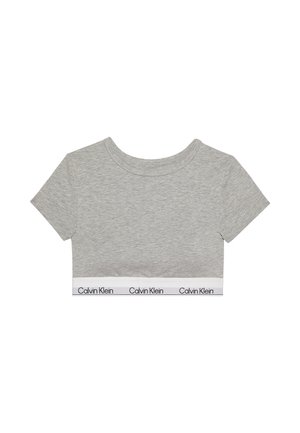 Kurzes graues Crop-Top mit kurzen Ärmeln und einem weißen unteren Saum mit wiederholtem "Calvin Klein"-Textlogo.
